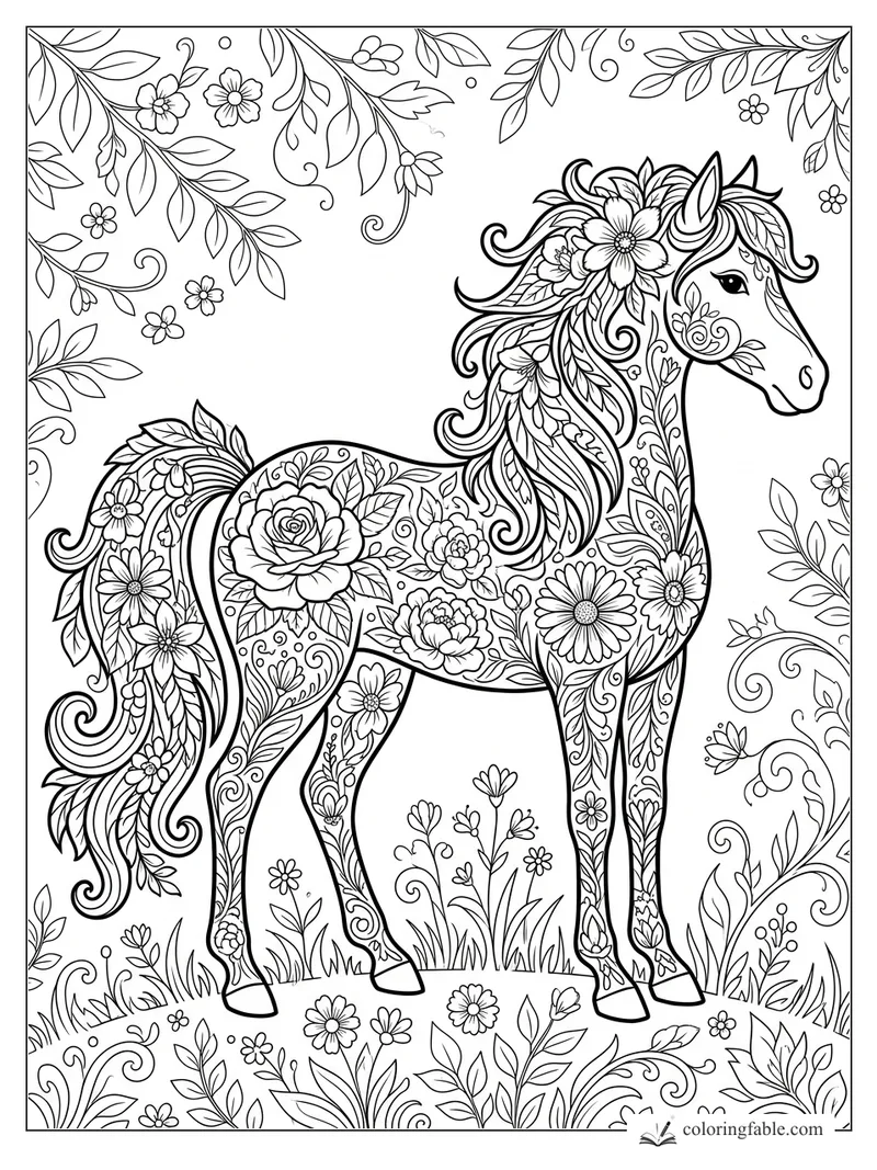 Intricate floral unicorn pony with leafy mane, flower patterns, vines, and meadow blooms.