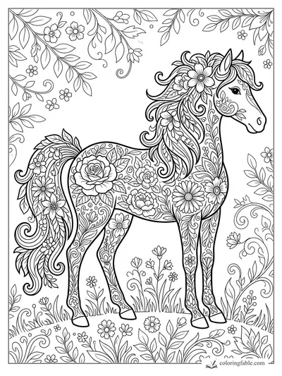 Intricate floral unicorn pony with leafy mane, flower patterns, vines, and meadow blooms.