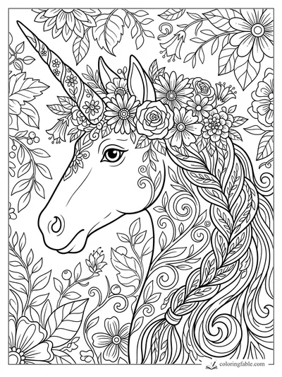 Intricate unicorn head with flower crown, patterned horn, braided leafy mane, vines, roses, and daisies