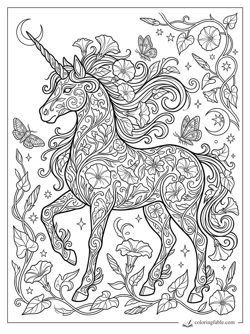 Intricate floral unicorn with flowing mane, crescent moon, butterflies, stars, and curling morning glory vines.
