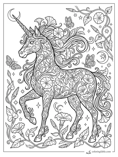 Intricate floral unicorn with flowing mane, crescent moon, butterflies, stars, and curling morning glory vines.