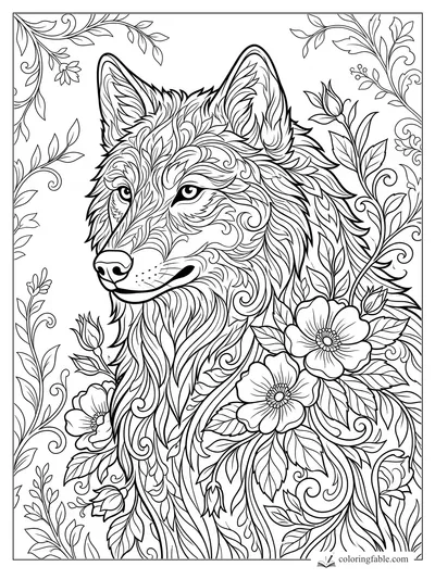Floral wolf portrait with leafy fur, tall ears, curling vines, and large blossoms for coloring