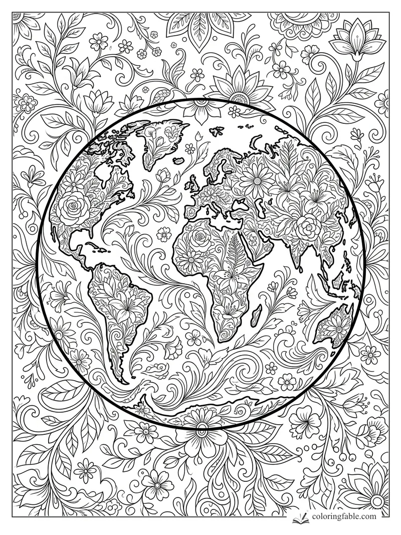 Intricate floral Earth coloring page with continents filled by roses, lilies, leaves, and swirling vines.