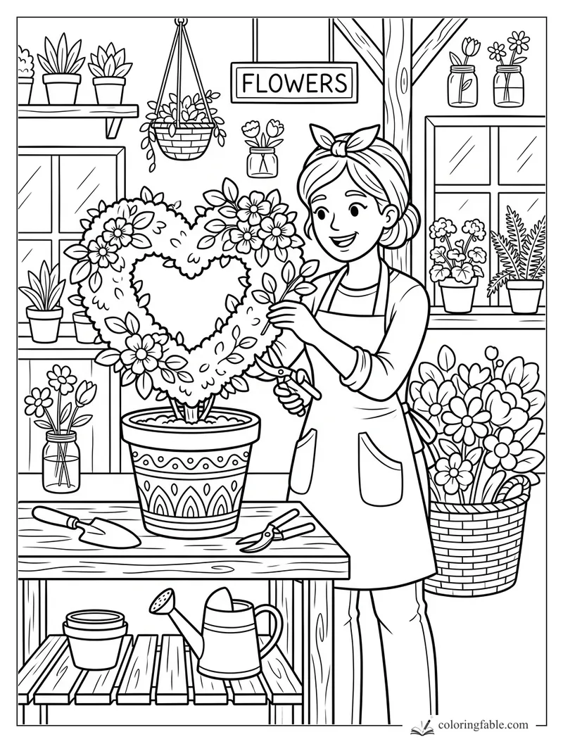 Smiling florist trims a flower-covered heart topiary in a busy plant shop with pots, jars, and baskets.
