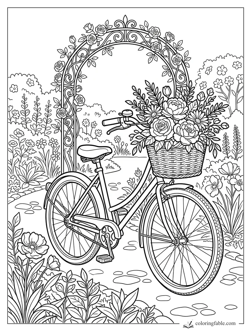 Floral bicycle with a woven basket of roses under an ornate garden arch, surrounded by flowers.