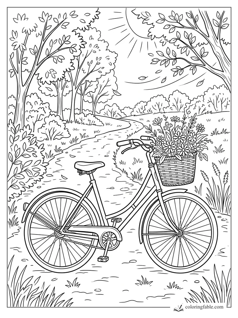 Bicycle with a basket of flowers beside a winding summer path under trees and sun