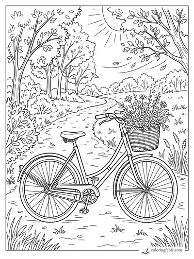 Bicycle with a basket of flowers beside a winding summer path under trees and sun