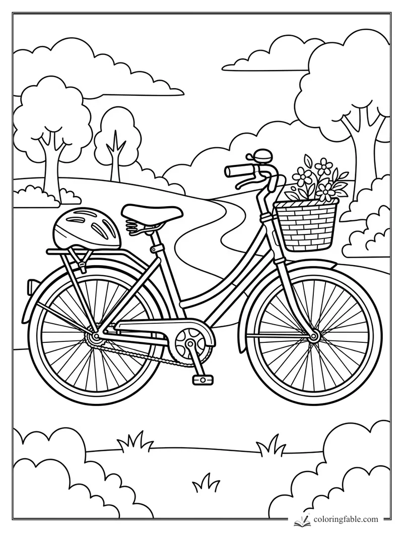 Easy bicycle coloring page with flower basket, helmet, winding park path, trees, bushes, and clouds
