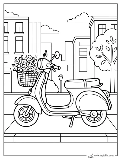 Minimalist scooter coloring page with flower basket, city buildings, tree, and sidewalk curb