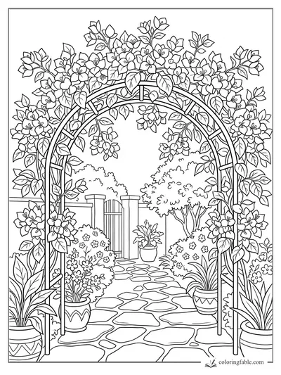 Coloring page of a flower-covered garden arch over a stone path, with pots, shrubs, and a gate beyond.