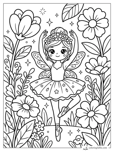 Kawaii fairy ballerina with wings, flower crown, tutu, and tall garden flowers