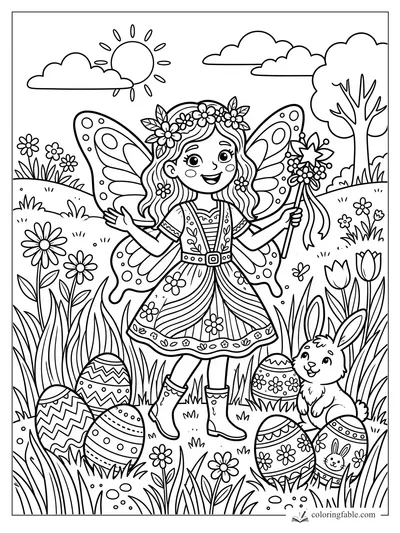 Cartoon fairy with flower crown, wand, bunny, decorated eggs, meadow flowers, sun and clouds coloring page