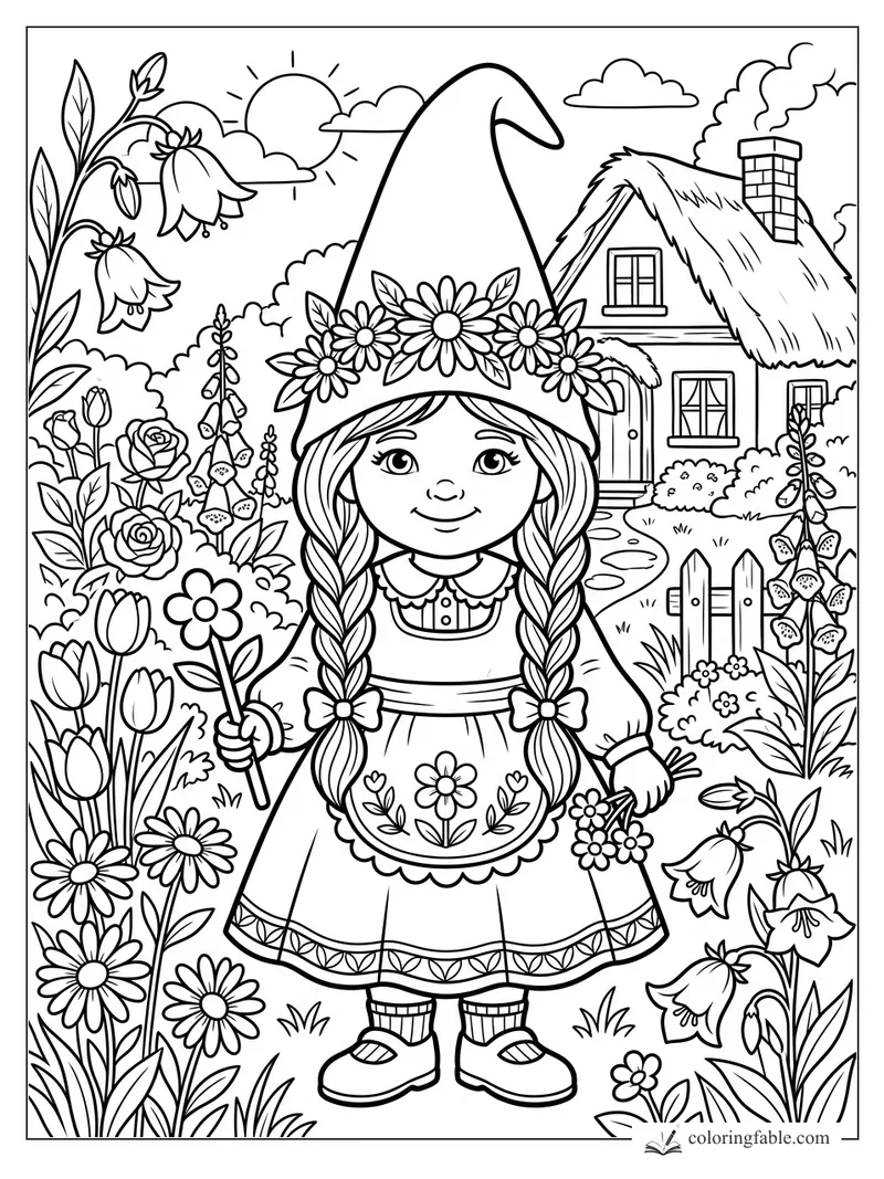 Smiling girl gnome with braids, flower hat, garden blooms, sun, clouds, fence, and thatched cottage.
