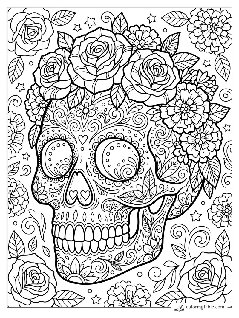 Intricate floral sugar skull with roses, marigolds, leaves, stars, and swirling vine patterns.