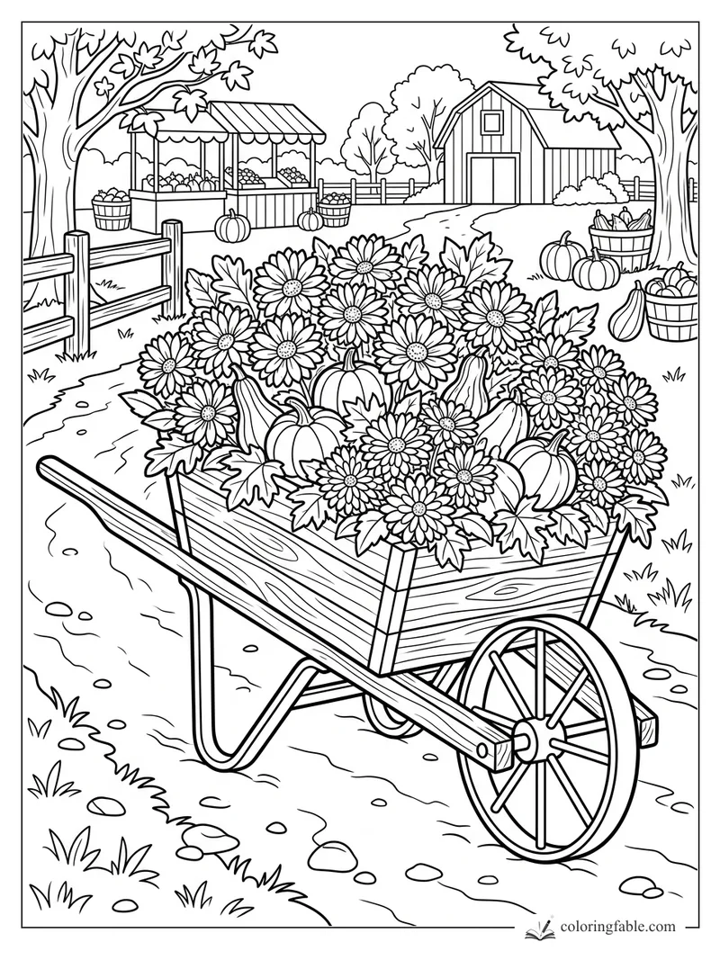 Cartoon fall farm scene with a wheelbarrow of flowers, pumpkins, baskets, barn, trees, and farm stand.