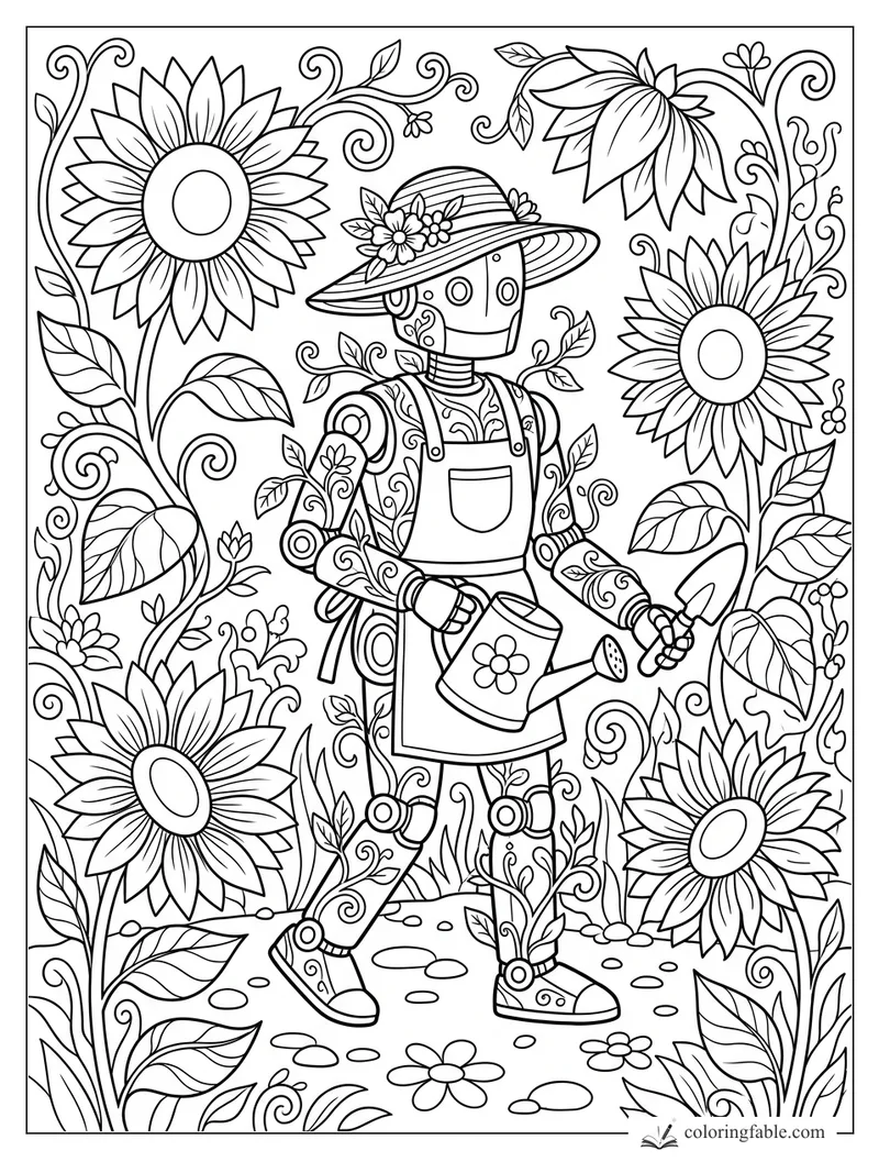 Floral robot gardener in a wide hat waters tall sunflowers with vines and leaves around them.