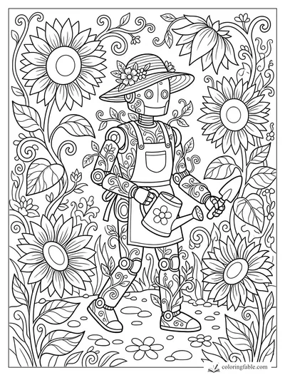 Floral robot gardener in a wide hat waters tall sunflowers with vines and leaves around them.