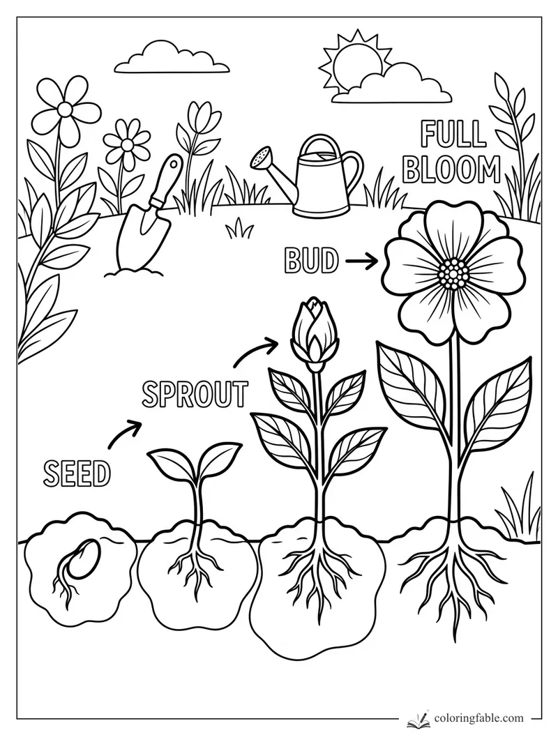 Flower life cycle coloring page with seed, sprout, bud, full bloom, roots, tools, sun and clouds