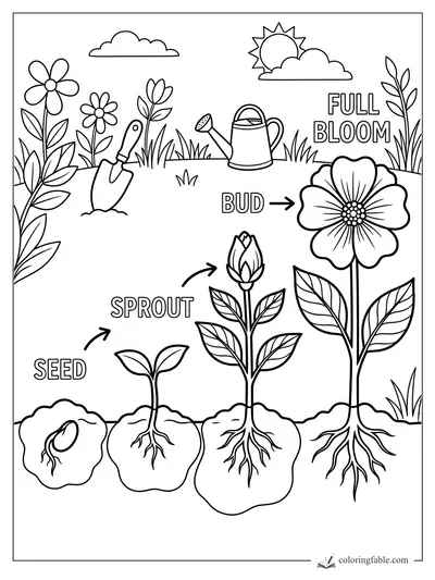 Flower life cycle coloring page with seed, sprout, bud, full bloom, roots, tools, sun and clouds