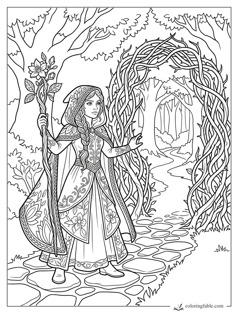 Fantasy flower mage holding a blossom staff beside a twisted vine arch on a forest stone path