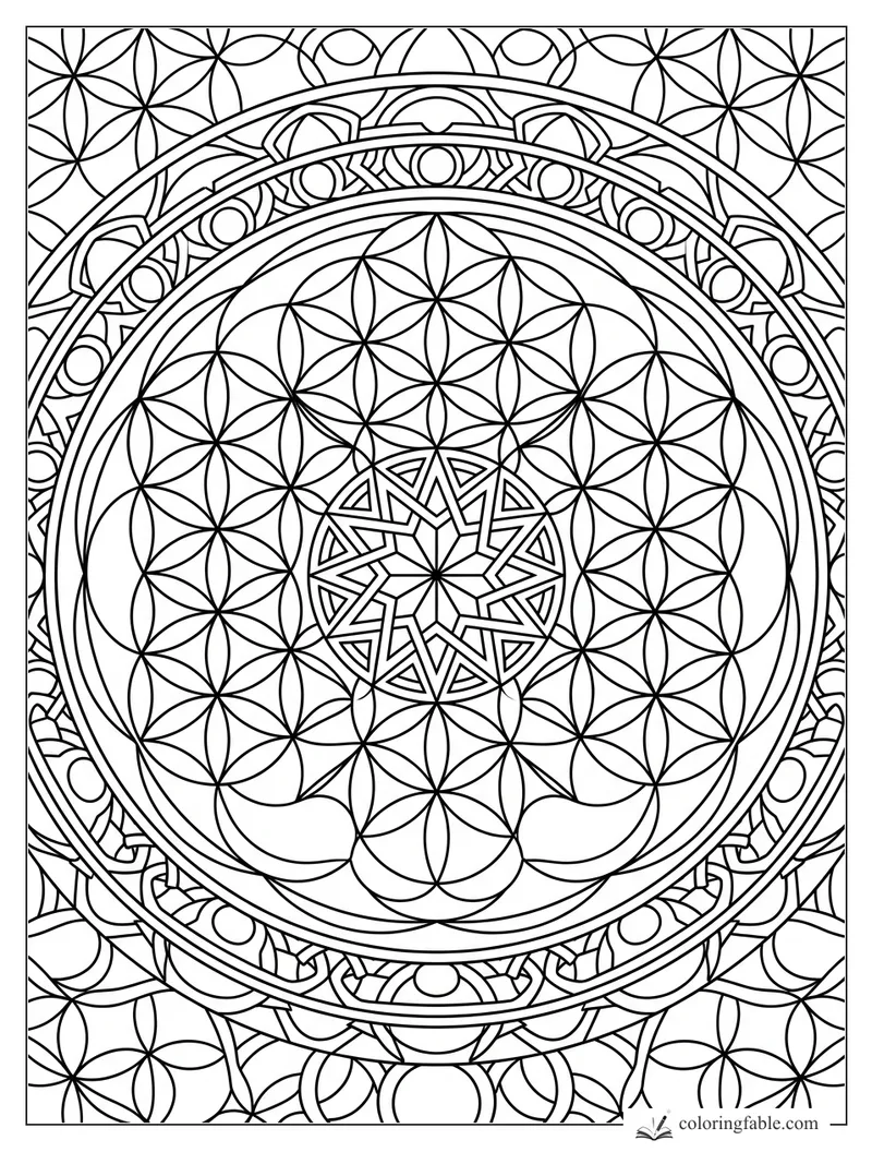 Intricate geometric mandala with flower-of-life circles, arched border, and angular star center