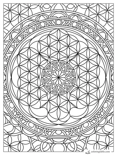 Intricate geometric mandala with flower-of-life circles, arched border, and angular star center