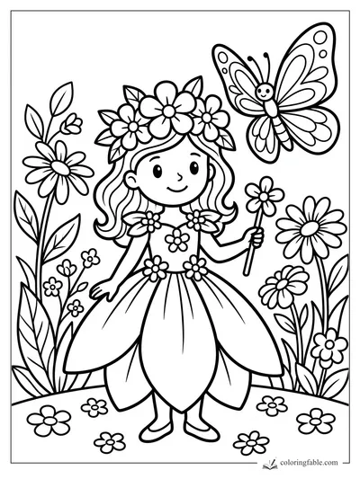 Flower princess in a petal dress holding a blossom wand beside daisies and a patterned butterfly.