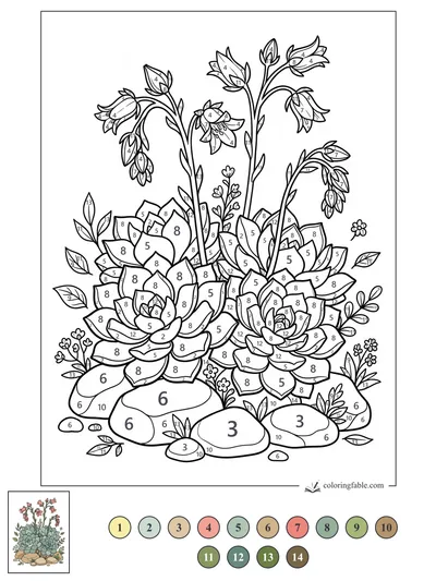 Flowering Succulent Rosettes Among Smooth Stones — color by number