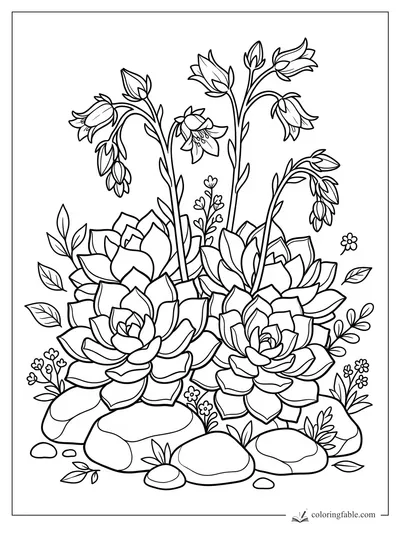 Floral succulent coloring page with rosette plants, tall bell-shaped blooms, small leaves, and rounded stones.