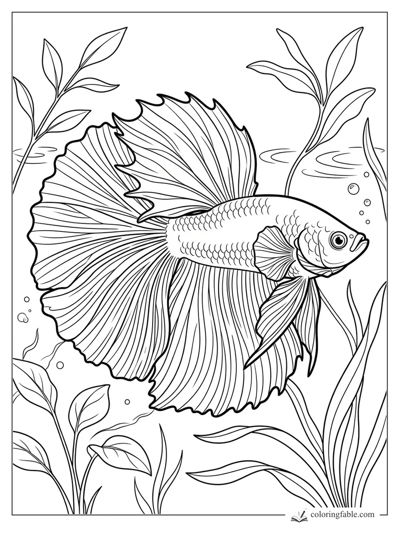 Realistic betta fish with fanlike fins swimming past tall aquatic plants and bubbles