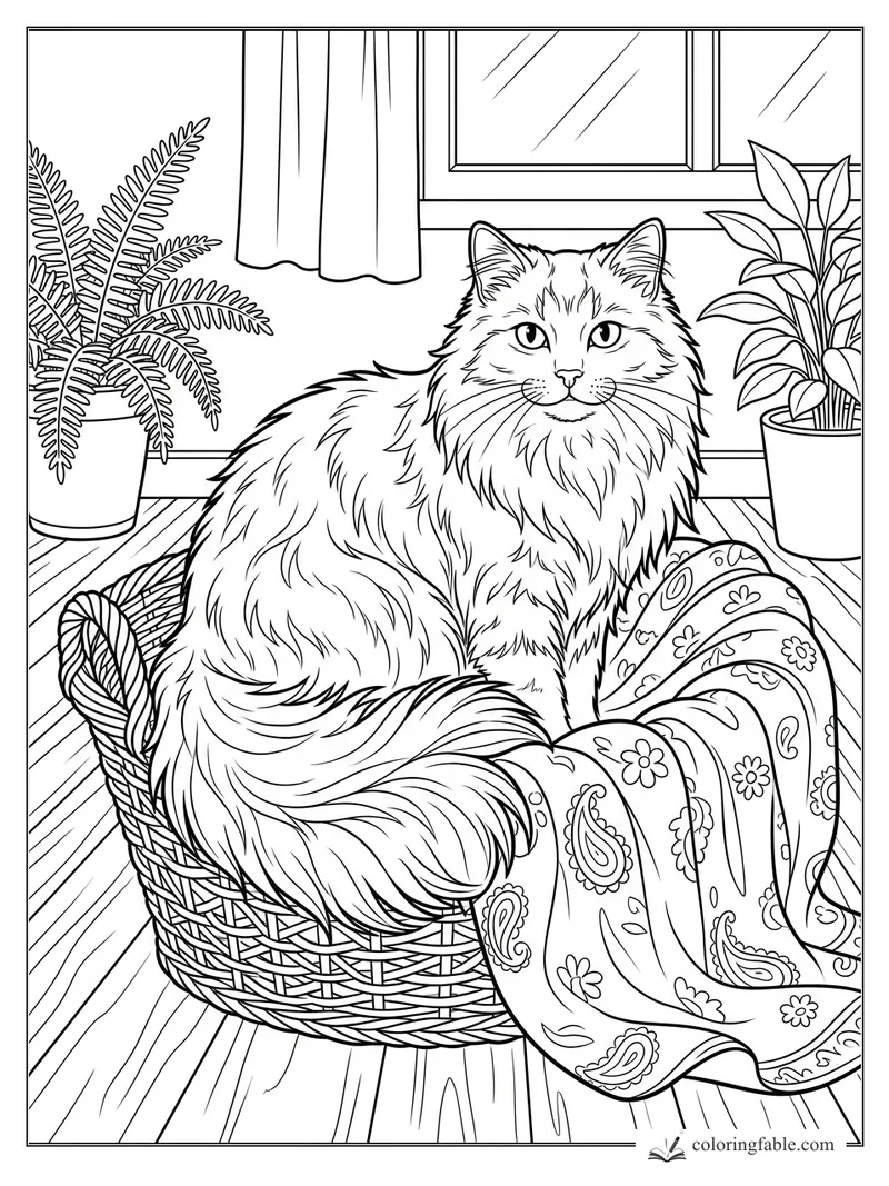 Fluffy long-haired cat sitting in a woven basket with plants, curtains, and a paisley blanket by the window.