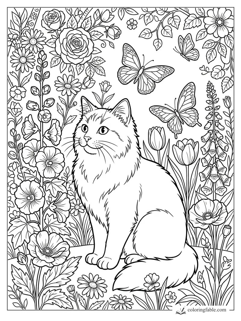 Fluffy cat sitting among roses, tulips, daisies, and three butterflies in a detailed garden coloring page