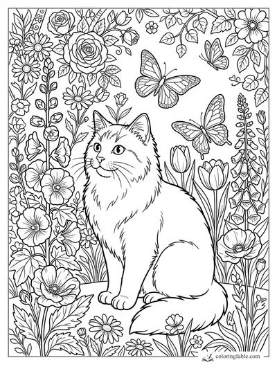 Fluffy cat sitting among roses, tulips, daisies, and three butterflies in a detailed garden coloring page