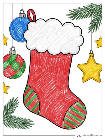 Fluffy Christmas Stocking with Ornaments — colored example
