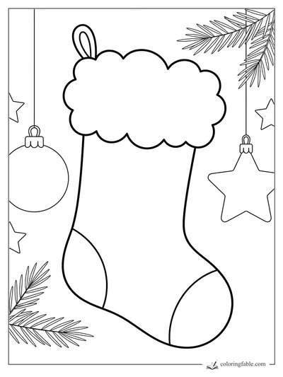 Christmas stocking coloring page with fluffy cuff, hanging stars, round ornament, and pine branches