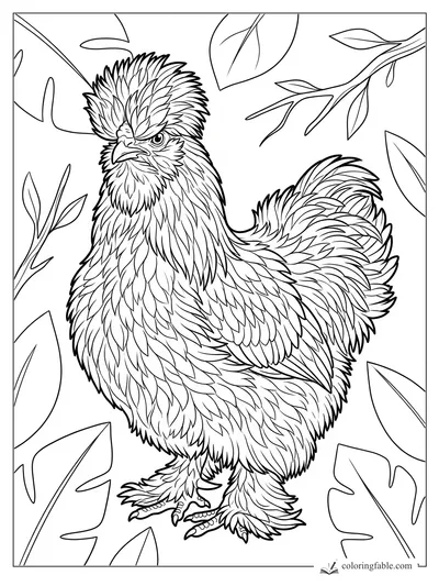 Intricate crested chicken with shaggy feathers, feathered feet, and leafy branches to color