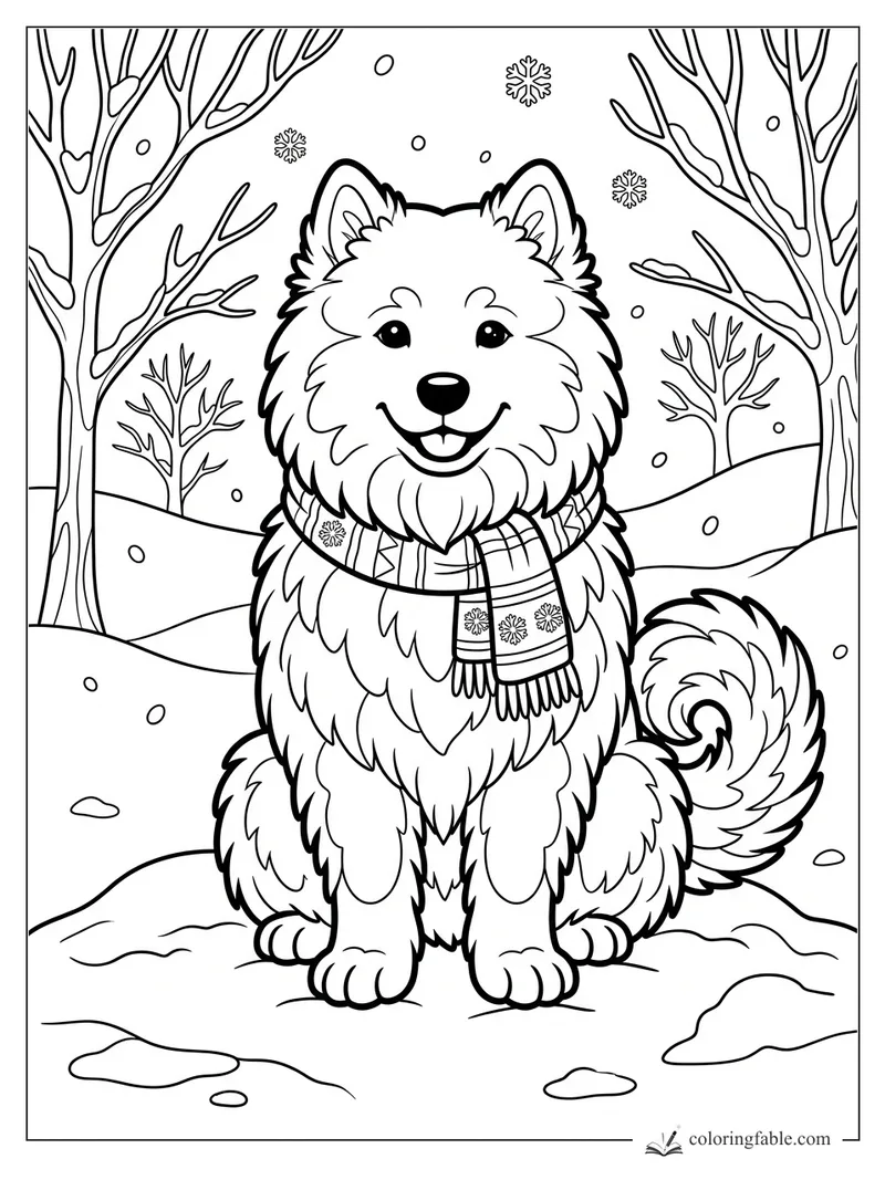 Smiling fluffy dog wearing a patterned scarf in a snowy forest with bare trees and falling snowflakes.