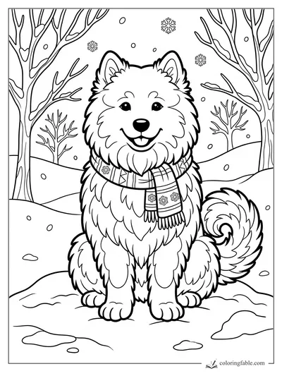 Smiling fluffy dog wearing a patterned scarf in a snowy forest with bare trees and falling snowflakes.