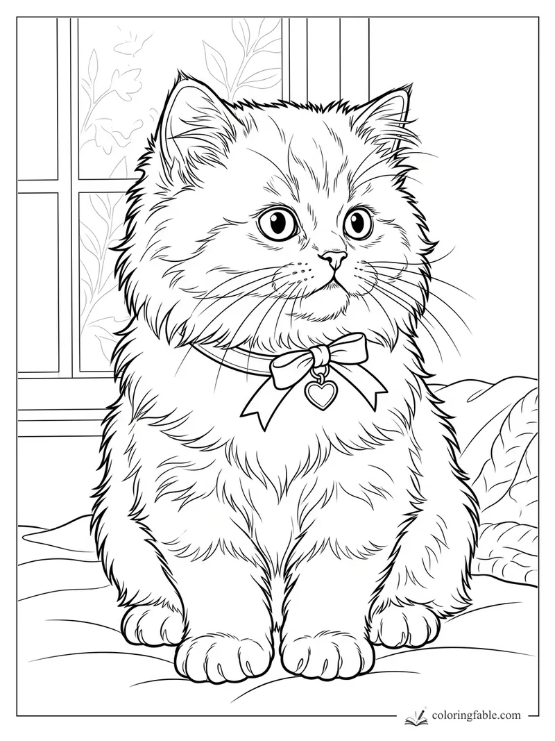 Realistic fluffy kitten wearing a bow and heart tag, sitting on a cushion beside a leafy window.