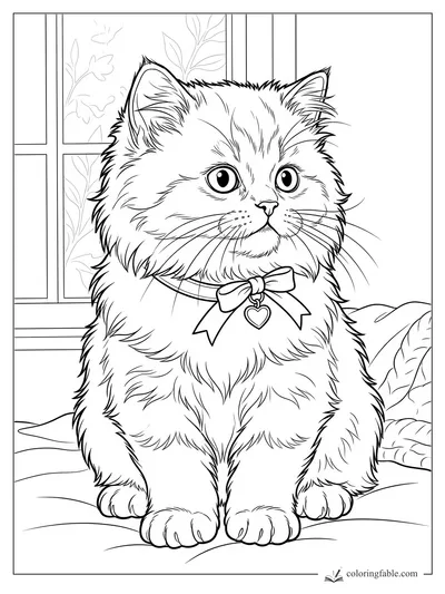 Realistic fluffy kitten wearing a bow and heart tag, sitting on a cushion beside a leafy window.