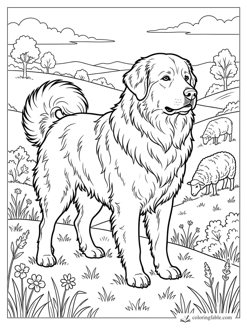 Fluffy mountain dog standing in a meadow with sheep, rolling hills, trees, flowers, and clouds