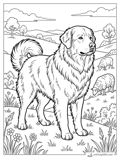 Fluffy mountain dog standing in a meadow with sheep, rolling hills, trees, flowers, and clouds