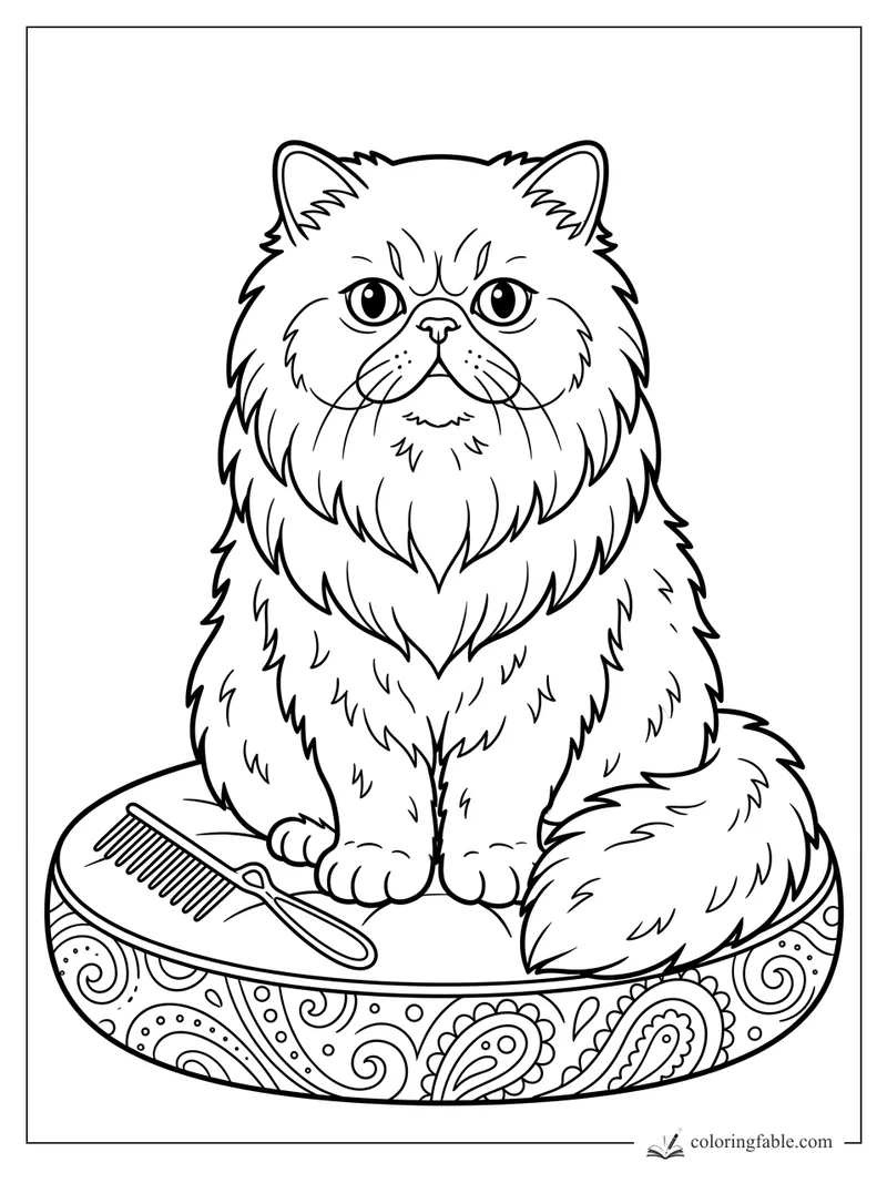 Fluffy Persian cat sitting on a patterned cushion with a comb beside its paws