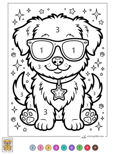 Fluffy Puppy in Big Glasses with Star Charm — color by number