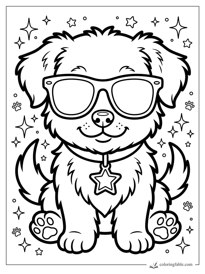 Fluffy puppy sticker with oversized glasses, star collar charm, paw prints, and sparkles