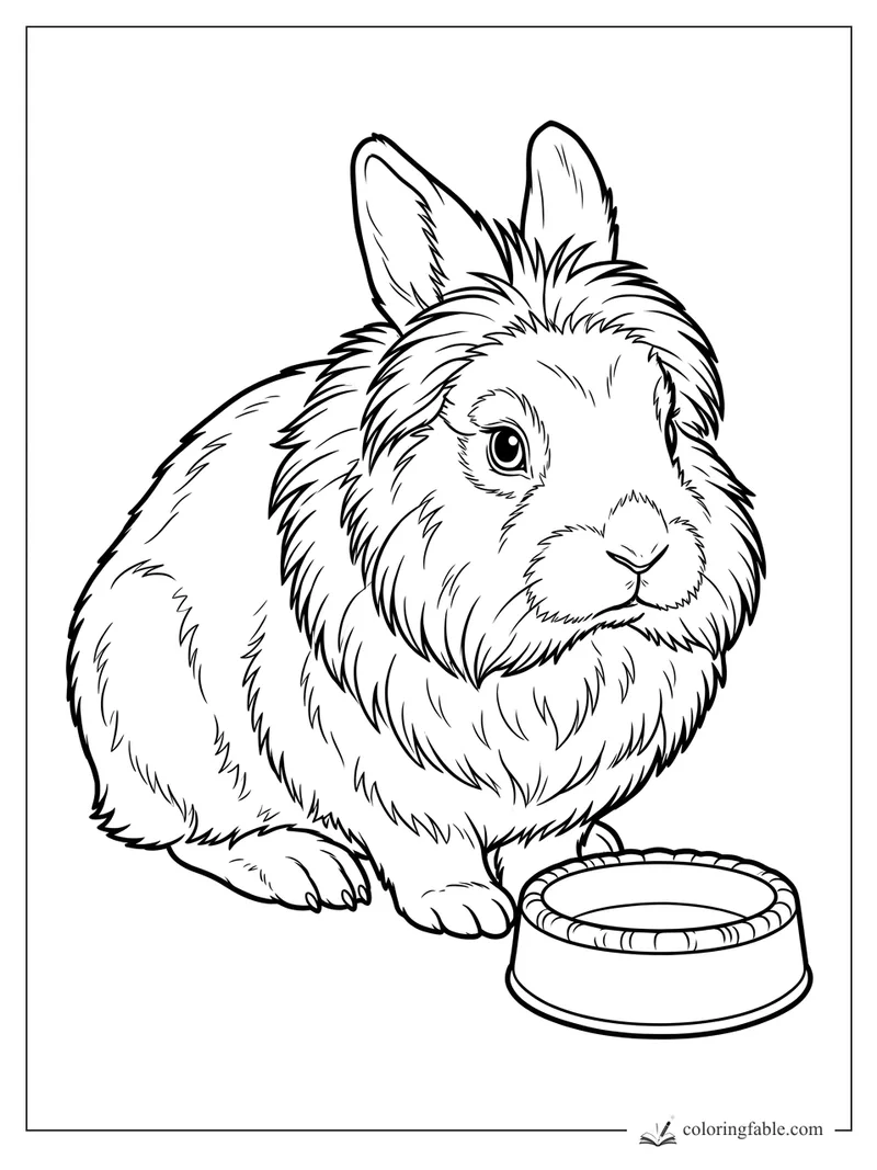 Realistic fluffy rabbit sitting beside a round food bowl, with upright ears and detailed fur