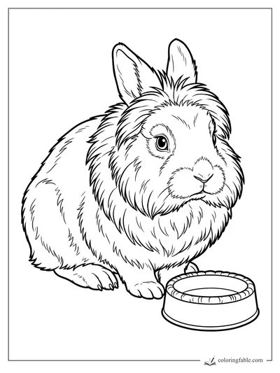 Realistic fluffy rabbit sitting beside a round food bowl, with upright ears and detailed fur