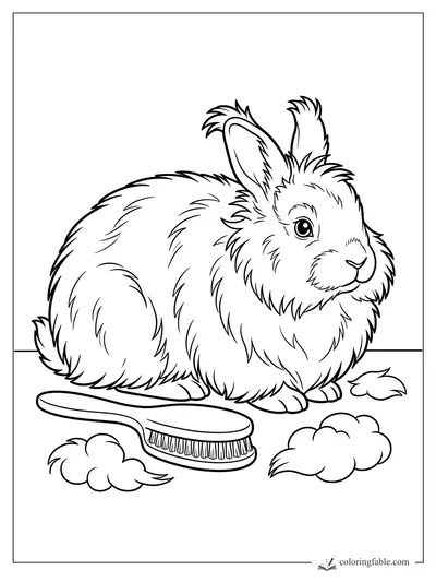 Realistic fluffy rabbit sitting by a grooming brush and loose fur tufts