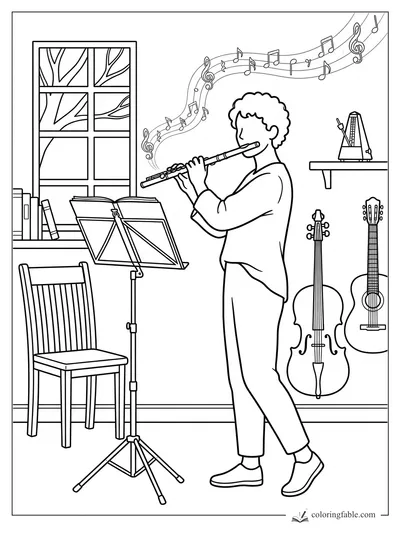 Flutist practicing by a music stand with guitar, cello, metronome, window, chair, and floating notes.