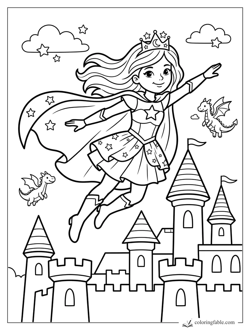 Cartoon star princess flying over castle towers with two small dragons, clouds, and stars